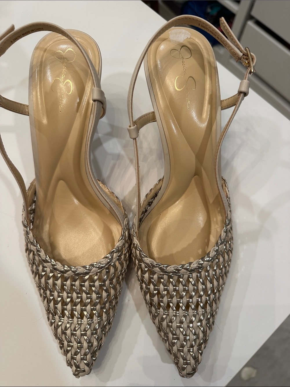 Jessica Simpson Beige Braided Pointed-Toe Slingback Heels